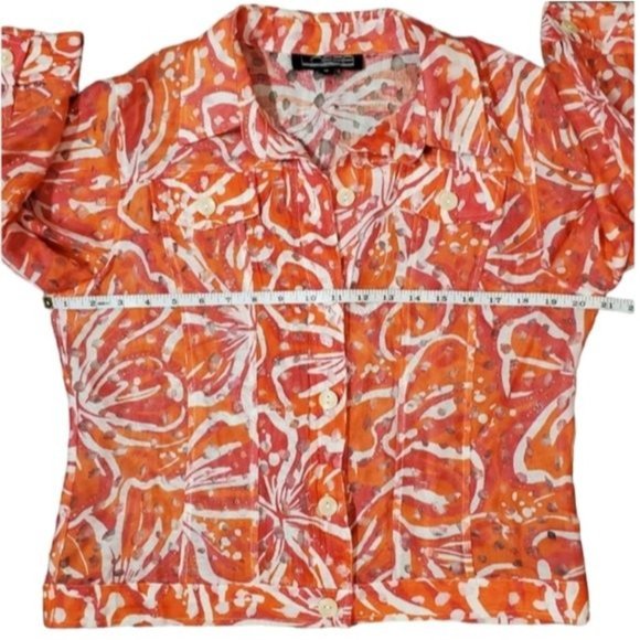 Linear Tropical Print Top Button Down Long Sleeve Sheer Blazer Size Md - Picture 5 of 9